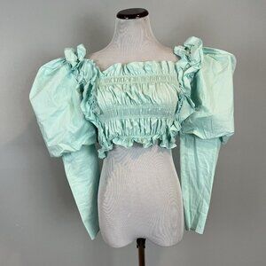 Nasty Gal Puff Sleeve Cropped Top Blouse Green Size Small NWT